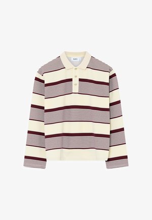 Lange mouwen polo shirt in crème met kastanjebruine horizontale strepen. Kenmerkt zich door een klassieke kraag en een drieknops sluiting. Zachte stofstructuur.