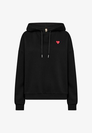 Black hoodie with a relaxed fit, featuring a small red heart embroidered on the left chest and drawstrings with silver metal tips.