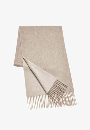 Beige wool scarf with a soft texture, featuring fringe detailing along one edge; has a lighter color on one side and a darker tone on the other.
