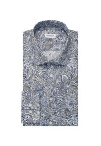 Koszula z długim rękawem w niebiesko-beżowy wzór paisley, z kołnierzykiem zapinanym na guziki i białymi guzikami. Wykonana z gładkiego materiału.