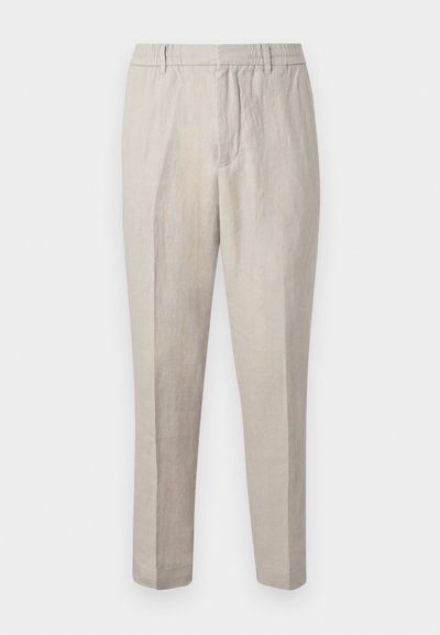 Lyse beige linbukser med en afslappet pasform, der har en snøre i livet, tapered ben og en subtil tekstur i hele stoffet.