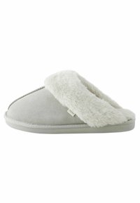Light gray slippers made of soft suede with a fluffy cream faux fur lining. Open back design with a flat sole and minimal branding detail.