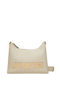 Borsa sintetica beige con una forma arrotondata, caratterizzata dal logo in rilievo "LOVE MOSCHINO" in oro, una chiusura con zip e una tracolla corta.
