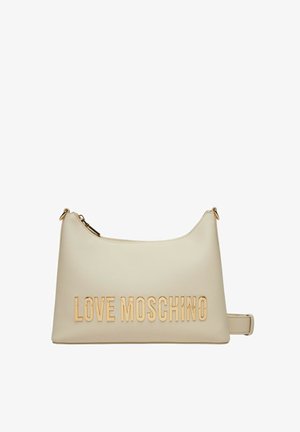 Borsa sintetica beige con una forma arrotondata, caratterizzata dal logo in rilievo "LOVE MOSCHINO" in oro, una chiusura con zip e una tracolla corta.