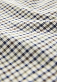 Gewebter Baumwollstoff mit kariertem Muster in Weiß, Marineblau, Braun und Grün. Glatte Struktur mit leichtem Glanz.