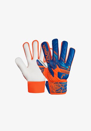 Par de guantes de portero Reusch en azul, naranja y blanco con un dorso estampado y palma blanca texturizada.