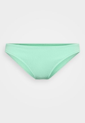 Mint green bikini bottom with a subtle textured pattern, featuring a mid-rise design and narrow side straps for minimal coverage.
