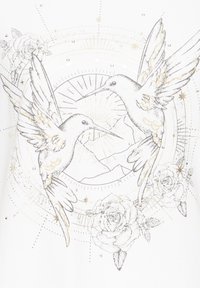 White t-shirt featuring black and gold graphic design of two birds, mountains, rays, and roses, with decorative rhinestones and fine lines.