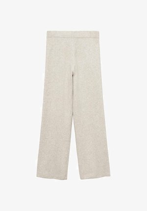 Pantalons larges gris clair en tissu doux avec une taille élastique. Texture minimale et aucune motif ou accent visible.