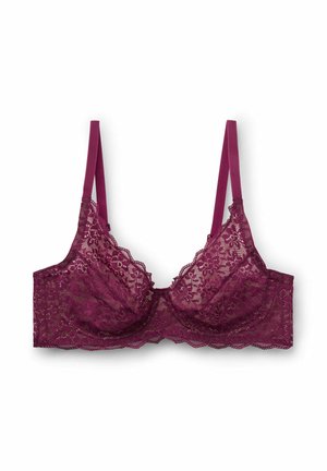 Burgundy lace bra with adjustable straps, floral pattern, scalloped edges, and underwire support. Soft, textured fabric with delicate detailing.