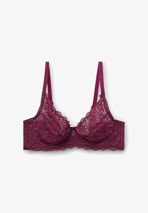 Bordeaux kanten bh met verstelbare bandjes, fleurige print, golvende randen en beugelondersteuning. Zacht, gestructureerd materiaal met delicate details.