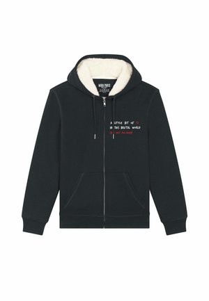 Black zip-up hoodie with a Sherpa-lined hood. Features text graphic in red and white on the front. Includes two front pockets.