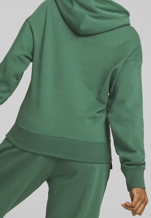 Green hooded sweatshirt with a soft texture, featuring a relaxed fit and ribbed hem. The design includes raglan sleeves and minimal detailing.