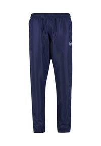 Marine treningsbukser laget av glatt polyester. Har elastisk midje, avsmalnende ben og en logo på siden for merkevarebygging.