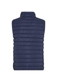 Navy-blaues Puffer-Weste mit hohem Kragen, horizontal gestepptem Design und schmalem Schnitt an der Taille. Leichtes Material, ärmelloser Stil.