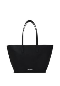 Zwarte lederen tote bag met textuur, dubbele handvatten, ruime driehoekige vorm en een zichtbaar merkteken aan de onderkant in het midden.