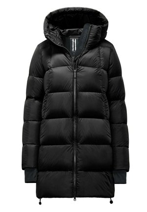 Giacca a vento nera con cappuccio, caratterizzata da un design trapuntato, zip frontale, polsini elasticizzati e cordoncini all'orlo per regolarne la vestibilità.