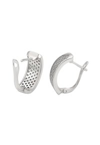 Sølvøreringe med hoops, der har en perforeret inderside og en struktureret yderside med indlagte detaljer, der understreger en reflekterende finish.