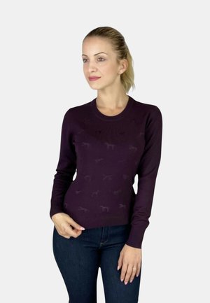 Donna con capelli chiari raccolti in una coda di cavallo, indossa un maglione viola scuro con motivi discreti e jeans blu scuro, in piedi davanti a uno sfondo semplice.