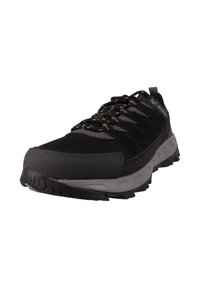 Schwarzer Sportschuh mit einem Obermaterial aus Mesh, einer verstärkten Zehenkappe und einer Gummisohle mit multidirektionalen Profilen. Schnürsenkel mit braunen Akzenten.