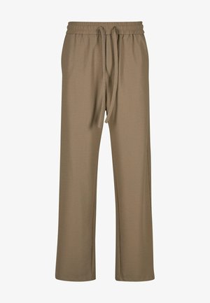 Béžové, ľahké jogger nohavice s elastickým pásom a nastaviteľnou šnúrkou. Majú voľný strih a rovný strih nohavíc.