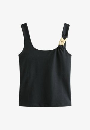 Sort ærmeløs top med firkantet halsudskæring, med flettet beige detalje på en skulderrem.