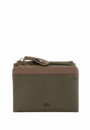 Olive green and light brown leather wallet with a zip closure, featuring multiple card slots and a small accent logo on the front.