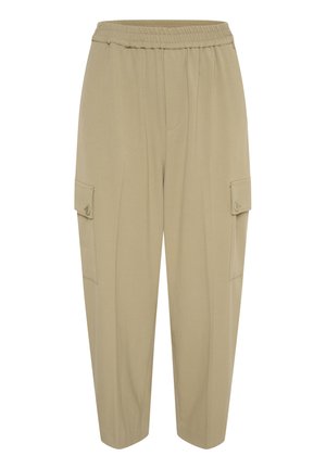 Beige Cargo-Hosen mit einem elastischen Bund, zwei Seitentaschen und schmal zulaufenden Beinen. Hergestellt aus weichem Material mit einer glatten Textur.