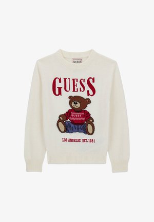Offwhite gestrickter Pullover mit einem Bärenmotiv in Rot und Braun, mit dem Schriftzug "GUESS" darüber und "LOS ANGELES EST. 1981" darunter.