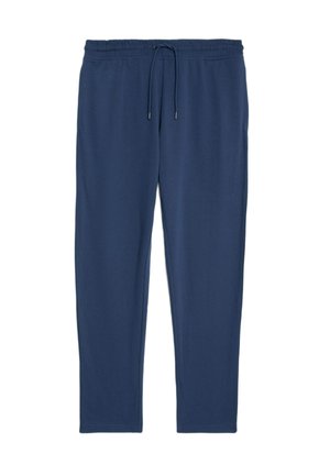 Pantalones deportivos azul marino con cintura elástica y cordón. Fabricados con tela suave y lisa, presentan piernas rectas y sin patrones visibles.