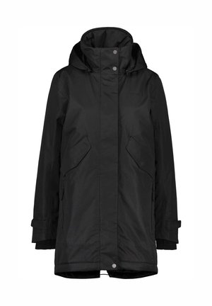 Zwarte waterdichte parka met een hoge kraag, capuchon, zijzakken met rits en verstelbare manchetten voor een perfecte pasvorm. Glad, gestructureerd buitenmateriaal.