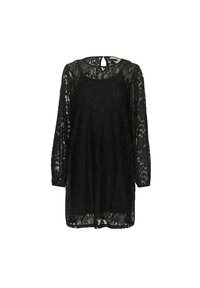 Rochie neagră din dantelă cu mâneci lungi, model floral transparent, decolteu rotund și detaliu cu cheiță la spate. Croială puțin lejeră în zona șoldurilor.