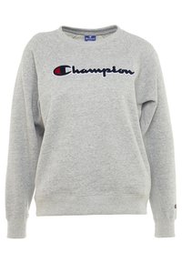 Felpa grigia con polsini e orlo a coste, caratterizzata da un logo ricamato "Champion" in blu scuro e rosso sulla parte anteriore.
