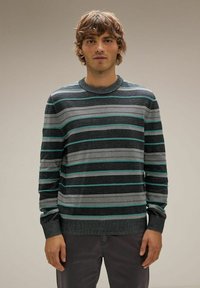 Grijs gestreepte trui met teal accenten, ronde hals en geribbelde mouwen. Gemaakt van zacht materiaal, met horizontale strepen van verschillende breedtes.
