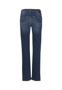 Jean denim bleu foncé à jambe droite vu de dos, avec deux poches arrière cousues et des passants de ceinture.