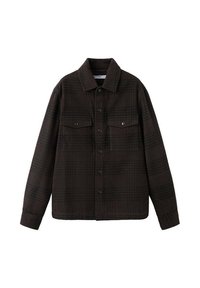 Chaqueta camisa de cuadros marrón hecha de tela con una textura suave, que cuenta con cuello puntiagudo, cierre de botones y dos bolsillos en el pecho.
