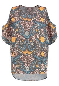 Bedruckte Bluse mit kurzen Ärmeln, die ein florales Muster in Orange, Blau und Pink auf schwarzem Hintergrund zeigt. Runde Ausschnitt und lässige Passform.
