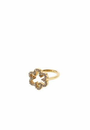 Gouden ring met een bloemenontwerp, omrand met heldere rhinestones. Gladde band met een gepolijste afwerking, die elegantie en fijne details combineert.