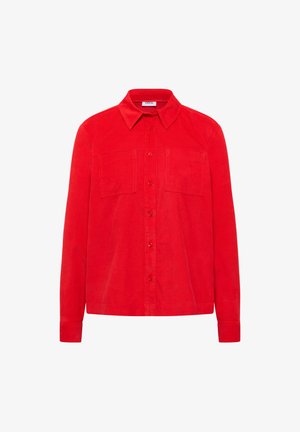 Rotes Langarmhemd mit Knopfleiste, zwei Brusttaschen und Kragen, aus cordmaterial gefertigt.