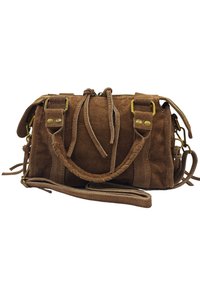 Sac en suède marron avec deux anses, bandoulière réglable, finitions en or, fermeture zippée et détails tressés sur la bandoulière.
