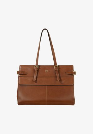 Borsa a tracolla in pelle marrone con due lunghe cinghie, design strutturato, accessori in metallo dorato, tasca frontale e dettaglio di cuciture a contrasto.