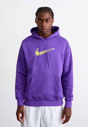 Purple hoodie made of soft cotton, featuring a yellow Nike logo on the chest, a front pocket, and drawstrings on the hood.