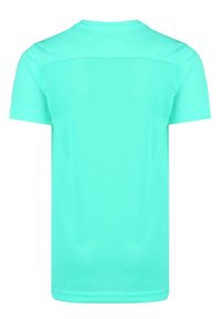 Camiseta de manga corta en verde menta con textura de malla en la parte posterior y un frente suave. Cuello redondo con dobladillo cosido.