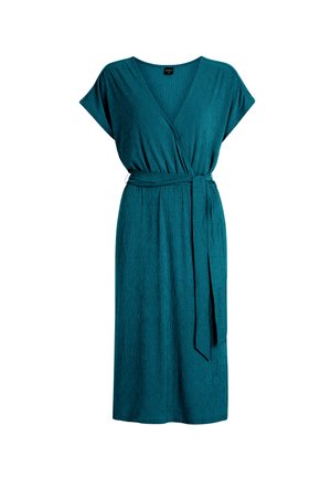 Teal wikkeljurk met korte mouwen, strik taille en verticale geribbelde textuur. Knielang, V-hals ontwerp, gemaakt van zachte, lichte stof.