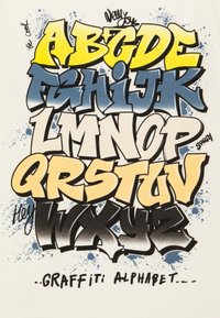 Lettres de A à Z dans un style graffiti avec des couleurs vives : jaune, bleu et noir, avec des effets de peinture en spray et des éclaboussures sur un fond clair.
