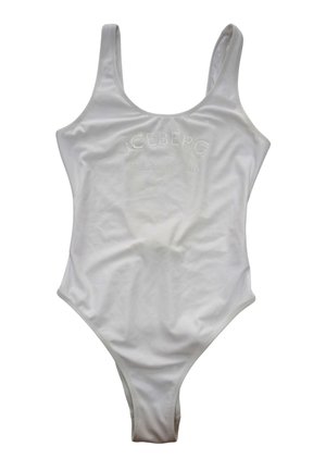 Costume intero bianco con spalline larghe e testo in rilievo con la scritta "ICEBERG MILANO ITALIA since 1974" sul davanti.