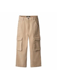Beige cargo pants with a straight cut, made from cotton. Features two side pockets and two large front cargo pockets. Stitched details visible.