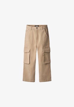Beige cargo pants with a straight cut, made from cotton. Features two side pockets and two large front cargo pockets. Stitched details visible.