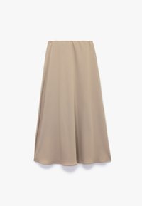 Zachte, beige midi-jurk van lichtgewicht stof. Heeft een elastische tailleband en een vloeiende A-lijn silhouet. Gladde textuur.