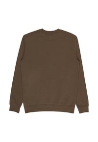 Brązowy sweter z długim rękawem, okrągłym dekoltem, ściągaczami na rękawach i dole. Gładka tekstura, minimalistyczny design bez widocznych logo bądź wzorów.